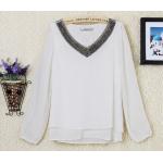 เสื้อผู้หญิง เสื้อแฟชั่น สีขาว แขนยาว เสื้อสีขาว ผ้าซีฟอง ดีไซน์ ปักเลื่อม ที่คอ เสื้อคอวี แบบผู้ใหญ่ แขนยาว จั้ม ใส่ทำงาน ออกงาน หรูหรา 340271_1