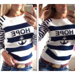 เสื้อยืดผู้หญิง แขนยาว เสื้อยืด คอกลม แฟชั่น วัยรุ่น สไตล์สาว อเมริกัน เสื้อแขนยาว ลายขวาง น้ำเงิน ลาย สมอเรือ เท่ ๆ เสื้อใส่เที่ยว สวย ๆ 199522