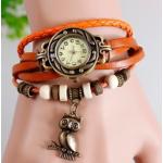 นาฬิกาข้อมือ ผู้หญิง สายหนังถัก สไตล์สร้อยข้อมือ วินเทจ สีส้มสด ห้อย นกฮูก