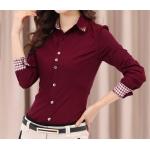 เสื้อเชิ้ตผู้หญิง เสื้อเชิ้ิตแขนยาว ใส่ทำงาน ดีไซน์ เพิ่มความสวยเก๋ พับแขนเป็นลายสก๊อต ปกด้านใน ลายสก๊อต เสื้อเชิ้ต สีแดงเลือดหมู แบบสวย ๆ 670211_1