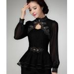 เสื้อแฟชั่น เสื้อผู้หญิง แขนยาว สีดำ แต่งลูกไม้ สุดหรู ผสม ผ้าชีฟอง ใส่ออกงาน ราตรี ประดับ ดอกไม้ ติดเพชร คอปิด เปิดคอ เล็กน้อย คุณนาย 209201