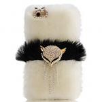 เคส iPhone 6 Plus 5.5 นิ้ว เคสขนมิ้ง ขนเฟอร์ เคสไฮโซ ขนนุ่ม สีขาว เคสขนกระต่ายแท้ คาดกลาง ด้วยสีดำ ติด คริสตัล สุนัขจิ้งจอก สุดหรู ยอดนิยม 506437