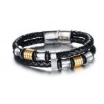 สร้อยข้อมือผู้ชาย กำไลข้อมือผู้ชาย สายหนังแท้ หนักถัก สีดำ ถักเป็นเกลียว 2 ชั้น ร้อยห่วง สแตนเลส สีเงิน และ ทอง สไตล์ หรูหรา คลาสสิค 207047