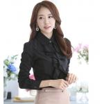 เสื้อแฟชั่น เสื้อผู้หญิง ใส่ทำงาน เสื้อเชิ้ต สีดำ ใส่ทำงาน ออฟฟิต แบบมีระบาย พู่ที่คอ เสื้อใส่ทำงาน สีดำ สวย ๆ แขนยาว มีดีไซน์ 218326