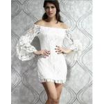 มินิเดรส เปิดไหล่ สีครีม ลายลูกไม้ทั้งตัว แขนยาว สวยมากค่ะ no 26395