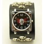 นาฬิกาข้อมือ สายหนังแท้ เส้นใหญ่ สีดำ สไตล์ ร็อคเกอร์ ติดจี้ หัวกะโหลก สีเงิน เท่ ๆ หน้าปัด หัวกะโหลก สีดำ แบบ พั้งค์ร็อค นาฬิกา เท่ ๆ แบบสวย 696809