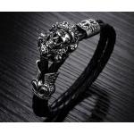 สร้อยข้อมือผู้ชาย กำไลข้อมือผู้ชาย หนังแท้ ถัก สีดำ ตกแต่งด้วย หัวกะโหลก แกะสลัก ด้วย Stainless Steel กำไลข้อมือร๊อค พั้ง หายาก 418625