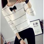 เสื้อแฟชั่น ผู้หญิง สีขาว สีดำ สีเทา สไตล์ เสื้อกันหนาว เสื้อแขนยาว แต่งด้วยโบว์ ตัดสีกัน มีลายขวาง ดูเรียบ เก๋ สำหรับ สาววัยรุ่น มีสไตล์ 362180