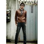 เสื้อคลุมผู้ชายแขนยาว สไตล์ แจ็คเก็ตหนัง สวยเท่ มีสไตล์ เสื้อ Jacket หนัง คอตั้ง แต่งกระดุมที่คอ แบบพอดีตัว สี น้ำตาลอ่อน no 610224