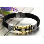 สร้อยข้อมือผู้ชาย กำไลข้อมือผู้ชาย สาย สแตนเลส ผสม หนังถัก สีดำ แต่งด้วย Stainless สีทอง ประดับเพชร CZ ตรงกลาง ของขวัญสุดหรู no 288238