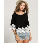 เสื้อผู้หญิง เสื้อแฟชั่น สีดำ แขนยาว สามส่วน ดีไซน์ แต่งลูกไม้ สีขาว ด้านล่าง เสื้อสีดำ คอกว้าง ใส่เที่ยว ดีไซน์เก๋ ๆ 468836