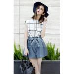 กางเกงขาสั้นผู้หญิง ออกแบบ เป็น กางเกงขาบาน คล้าย กระโปรง ติดโบว์ ดีไซน์ เก๋ แฟชั่นยุโรป ลุ๊ค คุณหนู ไฮโซ สีฟ้า เทา ดำ 14142