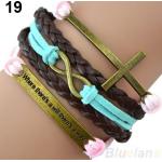 สร้อยข้อมือหนังแท้ แฟชั่นหนังถัก สีน้ำตาลสลับฟ้า ชมพู ไม้กางเขน ba004