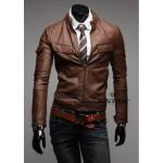 เสื้อ แจ็คเก็ตหนัง แบบ สลิม ฟิต Jacket ผู้ชาย แบบพอดีตัว มีกระเป๋าเสื้อ เสื้อคลุมแขนยาวผู้ชาย เสื้อคลุมหนัง คอปก เปิด ซิปหน้า สีน้ำตาล 99261