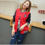 เสื้อ แจ็คเก็ต ผู้หญิง แบบ เสื้อ เบสบอล เสื้อ Jacket สีแดง ตัดกับ แขนเสื้อสีน้ำเงิน เสื้อคลุม แขนยาว แบบน่ารัก วัยรุ่น ใส่เที่ยว ใส่เรียน 814538_1