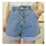 กางเกงขาสั้น กางเกงผู้หญิง ขาสั้น กางเกงยีนส์ ขาสั้น ดีไซน์ วินเทจ คลาสสิค ทรงเอ เอวสูง แบบกระดุม สไตล์ ขาพับ 444571