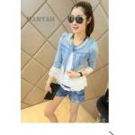 แจ็คเก็ต ยีนส์ ผู้หญิง เสื้อกั๊กยีนส์ แฟชั่น สวย ๆ ติดมุข รอบคอเสื้อ ด้านล่างแต่ง ระบายลูกไม้ เสื้อกั๊กแขนยาว ใส่กับกางเกงขาสั้น แบบ หวาน ๆ 914388