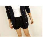กางเกงขาสั้นผู้หญิง ผ้าขนสัตว์ ดีไซน์ เอวยางยืด ใส่สบาย สีพื้นสีดำ เรียบหรู ตกแต่ง สายหนังเป็น ลายเข็มขัด รอบเอว 34511_1