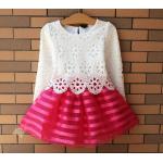 เดรส เด็กผู้หญิง ชุดกระโปรงเด็กผู้หญิง ดีไซน์ แบบ ไทย ๆ เสื้อลูกไม้ ลาย ฉลุ แขนยาว สีขาว ตัดกับ กระโปรง ทรงเอ ชมพูแดง กุหลาบ 643460