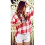 เสื้อเชิ้ตผู้หญิง เสื้อแฟชั่น ลายสก็อต สีแดง ตัวหลวม ๆ ใส่เที่ยว กับ กางเกงขาสั้นเก๋ ๆ เสื้อใส่เที่ยวทะเล ผ้าโปร่ง สบาย เสื้อแขนยาว สีแดง 262440