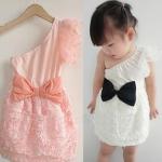 ชุดออกงานเด็ก ชุดราตรีเด็ก เดรสกุหลาบ ติดโบว์ สีชมพู และ ขาว no 34302