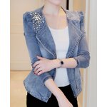 แฟชั่น เสื้อ แจ็คเก็ต ยีนส์ ผู้หญิง jacket ยีนส์ แขนยาว ตกแต่ง เพชร และ ไข่มุก ใส่ทำงาน แบบเก๋ แจ็คเก็ตยีนส์สวย ๆ 109088