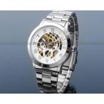 นาฬิกาข้อมือ โชว์กลไก Mechanical watch นาฬิกาไม่ต้องใช้ถ่าน นาฬิกาข้อมือผู้ชาย สาย Stainless Steel หน้าปัดขาว ลายก้างปลา ของขวัญสุดหรู 673953