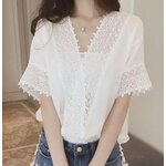 เสื้อแฟชั่นผู้หญิง เสื้อแขนสั้น ผสม ผ้าลูกไม้ แบบสวย ดีไซน์เก๋ เสื้อ ใส่เที่ยว ทะเล เดินชายหาด ฉลุลาย 904311