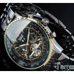 นาฬิกาโชว์กลไก นาฬิกาข้อมือเปลือย นาฬิกาข้อมือผู้ชาย Mechanical watch หรูหรา ไฮโซ สาย สแตนเลส เห็นด้านใน หน้าปัดดำ กรอบทอง 78285