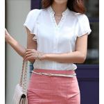 เสื้อใส่ทำงาน ผู้หญิง เนื้อผ้าซีฟอง ปักมุข ที่คอ แขนเป็นระบาย เสื้อเชิ้ต สีขาว ราคาถูก no 68369
