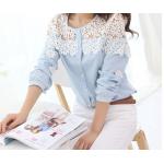 เสื้อเชิ้ต ใส่เที่ยว ใส่ทำงาน เสื้อแขนยาวสีฟ้า ขาว ชมพู สดใส ดีไซน์ ด้านบน เป็นลูกไม้สีขาว เสื้อเชิ้ตแขนยาว แบบสาวเรียบร้อย ลุค คุณหนู 55275