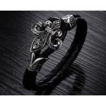 สร้อยข้อมือผู้ชาย กำไลข้อมือชาย หนังแท้สีดำ ดีไซน์ รูปดาบ สีเงินทำจาก แสตนเลสแท้ ไม่ลอก ไม่ดำ ฝังเพชร Cz ตรงกลาง สวยหรู 94603