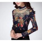 เสื้อผ้าลูกไม้ แขนยาว เพ้นท์ลายดอกไม้ เสื้อลูกไม้ ใส่ออกงาน สไตล์ คุณหนู ไฮโซ ติดมุกรอบคอ โทนสีน้ำเงิน เสื้อเชิ้ต แขนยาว ใส่ออกงาน 80871