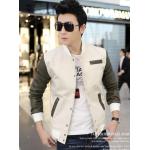 เสื้อคลุมผู้ชายแขนยาว สไตล์ แจ็คเก็ตหนัง ผสมผสานกับ ผ้ายีนส์ ใส่สบาย ดีไซน์แขนเสื้อ เป็นหนัง หล่อเท่ สไตล์ หนุ่มเกาหลี สีเบจ no 579460