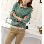 เสื้อเชิ้ตผู้หญิง ลายจุด คอปก แขนยาว แบบเก๋ สุด ๆ สี เขียว no 56642
