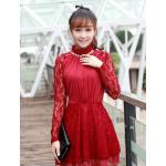 เดรส ผ้าลูกไม้ ใส่ออกงาน สุดหรู เดรสสีแดง ใส่วันตรุษจีน ใส่ไปงาน แขนยาว ดูไฮโซ แต่งมุขที่คอ กระโปรงผ้าลูกไม้ผสมหนัง แต่งเม็ดบีด 127721