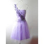 เดรสออกงาน มินิเดรส งานแต่งงาน แบบ เกาะอก พาดลายลูกไม้ที่ไหล่ สีม่วง ด้านล่างแต่งด้วยผ้าซีฟอง no 49824