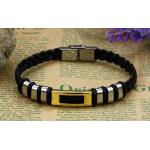 สร้อยข้อมือผู้ชาย กำไลข้อมือชาย สายหนังถัก สีดำ ตกแต่งด้วย 316L Stainless Steel ไม่ลอกไม่ดำ ร้อยห่วง ข้างละ 3 ห่วง ตรงกลางสีทอง สีเงิน no 205758