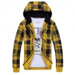 เสื้อ แจ็คเก็ต ผู้ชายแขนยาว มีฮู้ด เสื้อหมวก ลายสก็อต สีเหลือง เท่ ๆ ซิปหน้า ดีไซน์ สไตล์ วัยรุ่น เสื้อคลุม แบบมีฮู้ด เท่ ๆ เหลืองตัดดำ สวยเท่ 302765