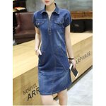 เดรสยีนส์ ทรงเข้ารูป แบบ คอปก ใส่สวย ใส่เท่ สไตล์ ไฮโซ เดรสยีนส์ สวย ๆ แบบมีกระเป๋า 141001