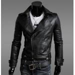 เสื้อ แจ็คเก็ตหนัง แบบ สลิม ฟิต Jacket ผู้ชาย แบบพอดีตัว เสื้อคลุมแขนยาวผู้ชาย เสื้อคลุมหนัง คอปก เปิด ซิปหน้า สีดำ 902206