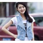 แจ็คเก็ต ยีนส์ ผู้หญิง เสื้อกั๊กยีนส์ สวย ๆ เท่ ๆ ปักเลี่ยม ที่ปก แต่งกระดุม เสื้อยีนส์ แขนกุด แบบมีสไตล์ ไม่ซ้ำใคร สีฟ้า 743435