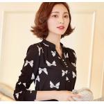 เสื้อแฟชั่น เสื้อผู้หญิง ผ้าซีฟอง ใส่ทำงาน ใส่เที่ยว สบาย ๆ เสื้อคอวี เก๋ ๆ สีดำ เพ้นท์ลายผีเสื้อ สีขาว เสื้อเชิ้ตแขนยาว ผู้หญิง สีดำ สวย ๆ 55463_2
