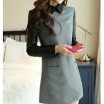 ชุดเดรส ใส่เที่ยว ใส่ทำงาน เดรสผ้าขนสัตว์ ผสม หนัง pu ดีไซน์ หรู ดูคุณหนู สุด ๆ เดรสแขนยาว แบบมีดีไซน์ สีเทา 38156