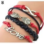 สร้อยข้อมือหนังแท้ แฟชั่นหนังถัก สีแดงสลับดำ ร้อยตัวนกฮูก Love ba009