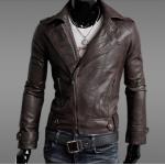 เสื้อ แจ็คเก็ตหนัง แบบ สลิม ฟิต Jacket ผู้ชาย แบบพอดีตัว เสื้อคลุมแขนยาวผู้ชาย เสื้อคลุมหนัง คอปก เปิด ซิปหน้า สีน้ำตาล 902206_1