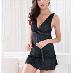 ชุดนอนวาบหวิว ชุดนอนผู้หญิง ชุดนอนผ้าซาติน ผ้าลื่น ผสมลูกไม้ เก๋ ๆ ชุดนอน เซ็กซี่ สีดำ แขนกุด แบบสวย ผ้า ซีทรู 895977