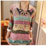 เสื้อคอกว้าง เสื้อแฟชั่น ผู้หญิง ผ้าชีฟอง ลาย Print สวย ๆ ลายดอกไม้ โทนชมพู เขียว เสื้อแขนสามส่วน ใส่กับกางเกงขาสั้น ราคาถูกมาก ๆ 719745