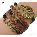 สร้อยข้อมือหนังแท้ แฟชั่นหนังถัก สีน้ำตาล ลายใบไม้ อักษร LOVE ba007