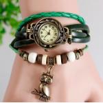 นาฬิกาข้อมือ ผู้หญิง สายหนังถัก สไตล์สร้อยข้อมือ วินเทจ สีเขียว ห้อย นกฮูก